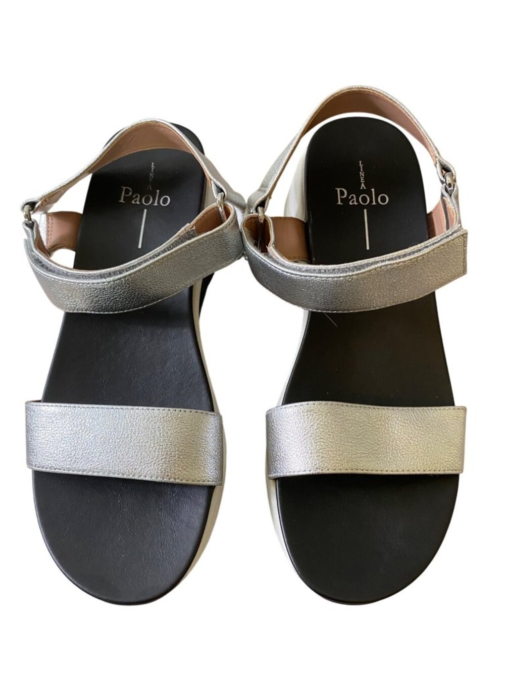 Linea Paolo Silver Leather Platform Sandals Adjustable Strap Cushioned Sole Sz 7